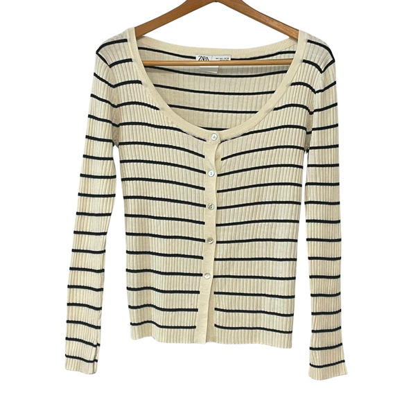 Zara Size L Knit Cardigan Beige Black Stripes Scoop Neck Button Front Fitted - Picture 10 of 10